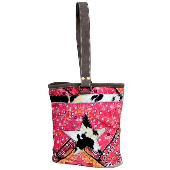 Pink Printed Design Double Wine Bag With Cowhide Star - Picture 4 of 5